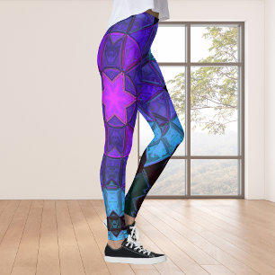 Mosaik Kaleidoskop Blume Blau Lila und Schwarz Leggings