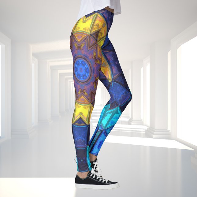 Mosaik Kaleidoskop Blume Blau und Gelb Leggings (Von Creator hochgeladen)