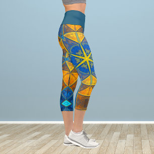 Mosaik Kaleidoskop Blume Blau und Gelb Legierung Capri Leggings
