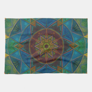 Mosaik Kaleidoskop Blume Gelb Blau und Grün Geschirrtuch