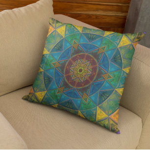 Mosaik Kaleidoskop Blume Gelb Blau und Grün Kissen