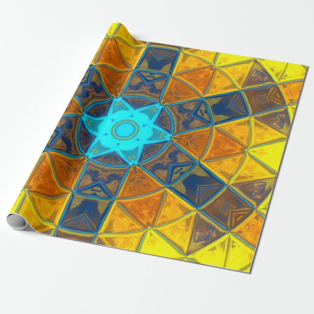 Mosaik Kaleidoskop Blume Gelb und Blau Geschenkpapier (Ungerollt)
