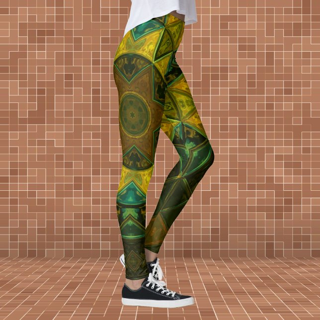 Mosaik Kaleidoskop Blume Gelb und Grün Leggings (Von Creator hochgeladen)
