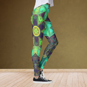 Mosaik Kaleidoskop Blume Grün Aquamarin und Lila Leggings