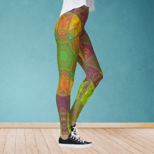 Mosaik Kaleidoskop Blume Grün Lila und Orange Leggings