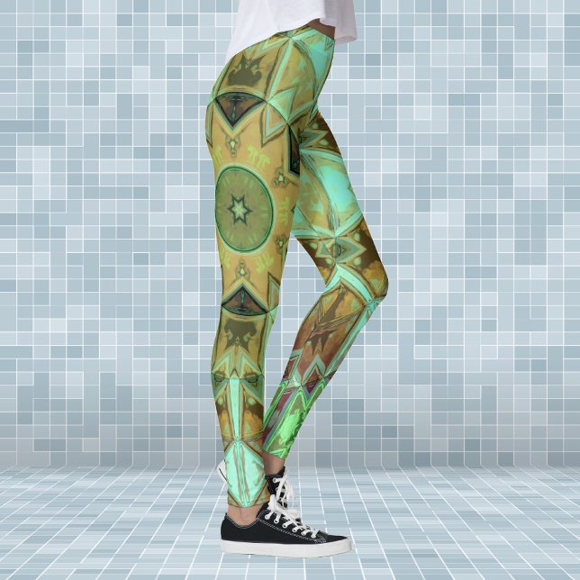 Mosaik Kaleidoskop Blume Grün und Braun Leggings (Von Creator hochgeladen)