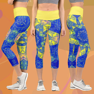 Mosaik Mandala Blau und Gelb Capri Leggings