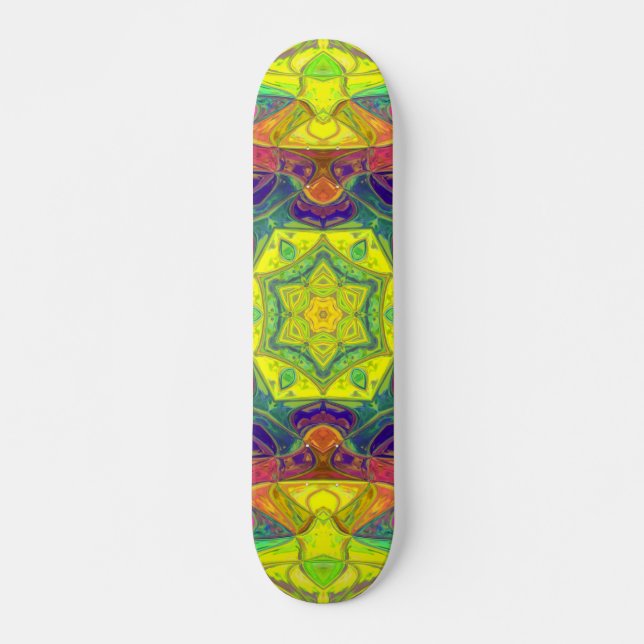 Mosaik Mandala Blume Gelb Blau und Grün Skateboard (Vorne)