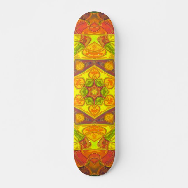 Mosaik Mandala Blume Gelborange und Lila Skateboard (Vorne)