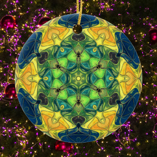 Mosaik Mandala Blume Grün Gelb und Blau Keramik Ornament