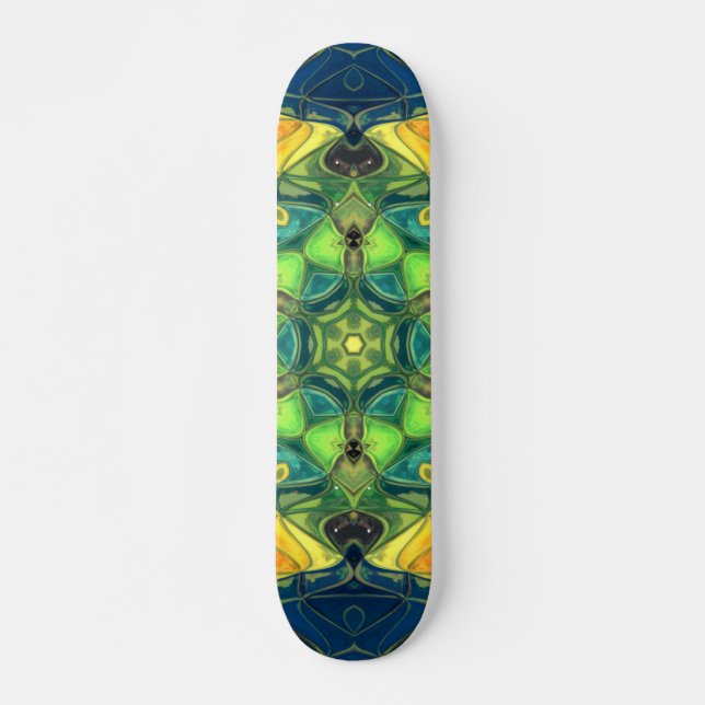 Mosaik Mandala Blume Grün Gelb und Blau Skateboard (Vorne)