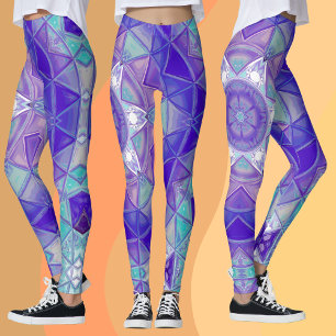 Mosaik Mandala Blume Lila Blau und Weiß Leggings