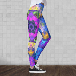 Mosaik Mandala Blume Rosa Blau und Gelb Leggings