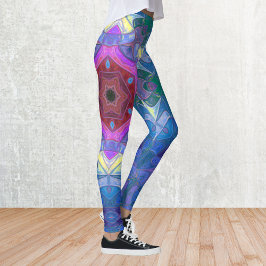 Mosaik Mandala Blume Rosa Blau und Gelb Leggings