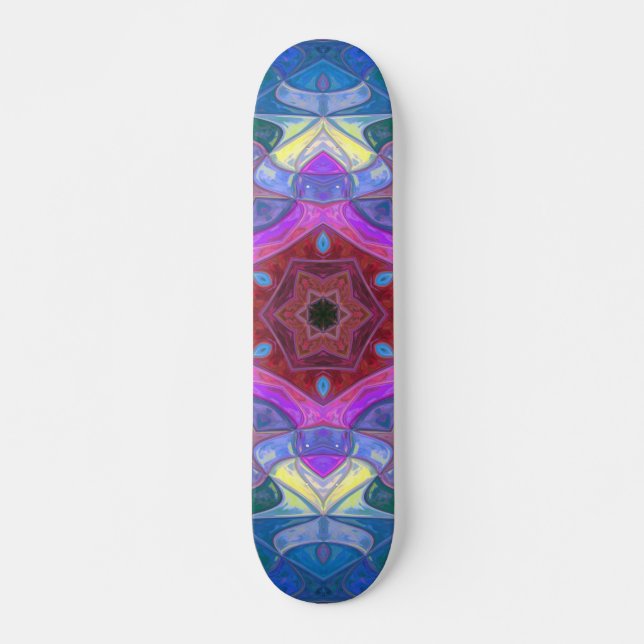Mosaik Mandala Blume Rosa Blau und Gelb Skateboard (Vorne)