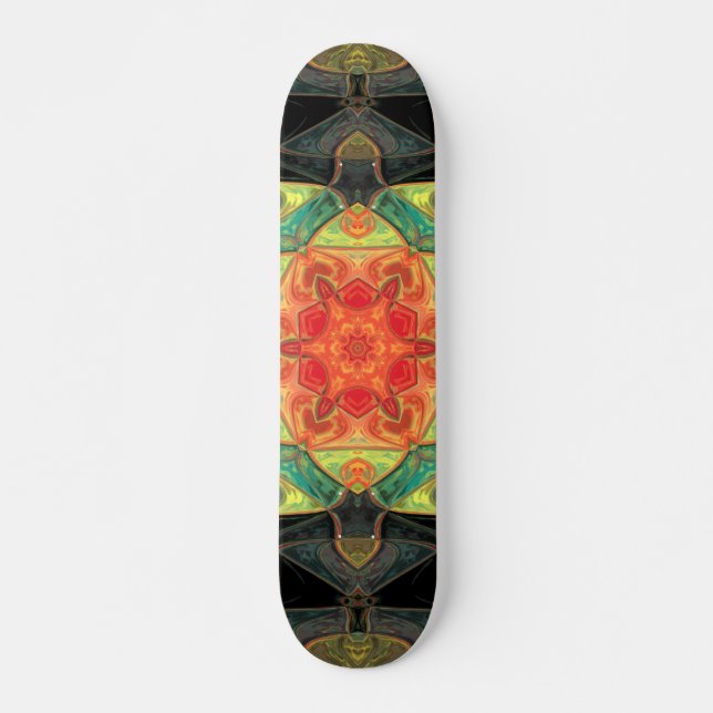 Mosaik Mandala Blume Rot Gelb Grün und Schwarz Skateboard (Vorne)