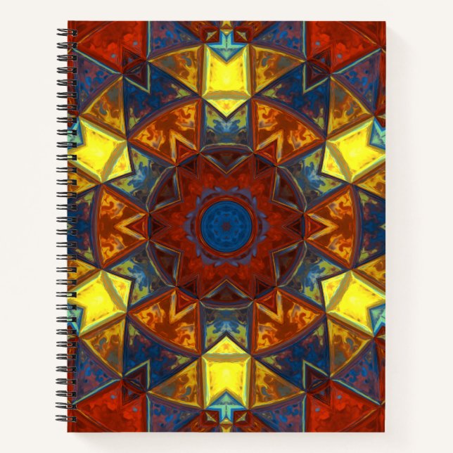 Mosaik Mandala Blume Rot Gelb und Blau Notizbuch (Vorderseite)