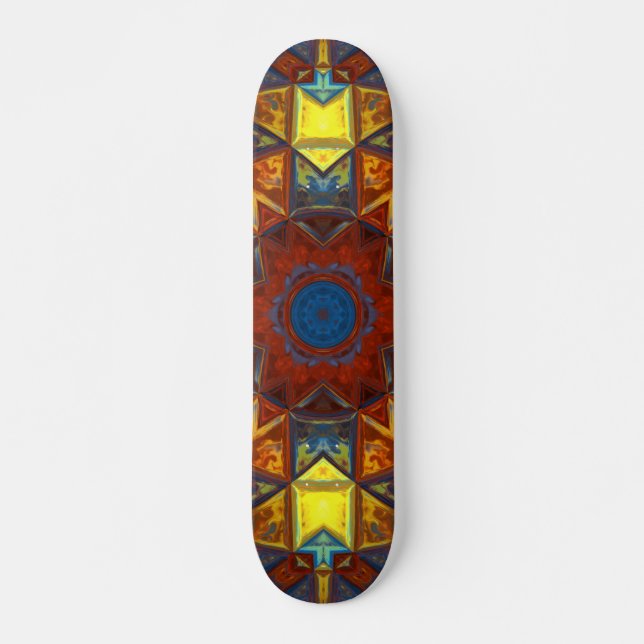 Mosaik Mandala Blume Rot Gelb und Blau Skateboard (Vorne)