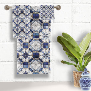 Mosaik marokkanisches Fliesenmuster#2 Blau-Weiß-ID Badhandtuch Set