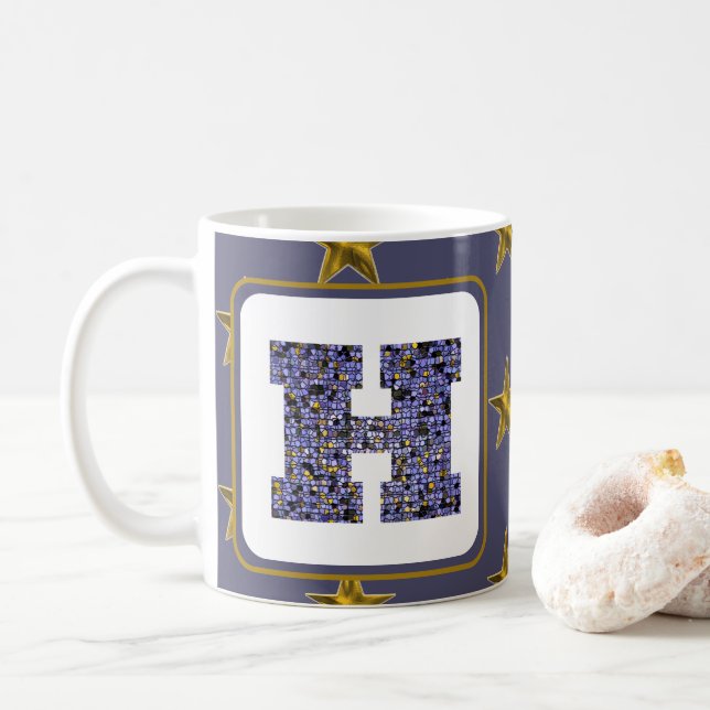 Mosaik Monogram Gold Stars Letter H Kaffeetasse (Mit Donut)