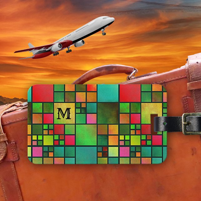 Mosaik Muster Wasserfarbenmonogramm-Gepäckstück Gepäckanhänger (Luggage tag featuring a colorful checkered stained glass mosaic design with a watercolor effect )