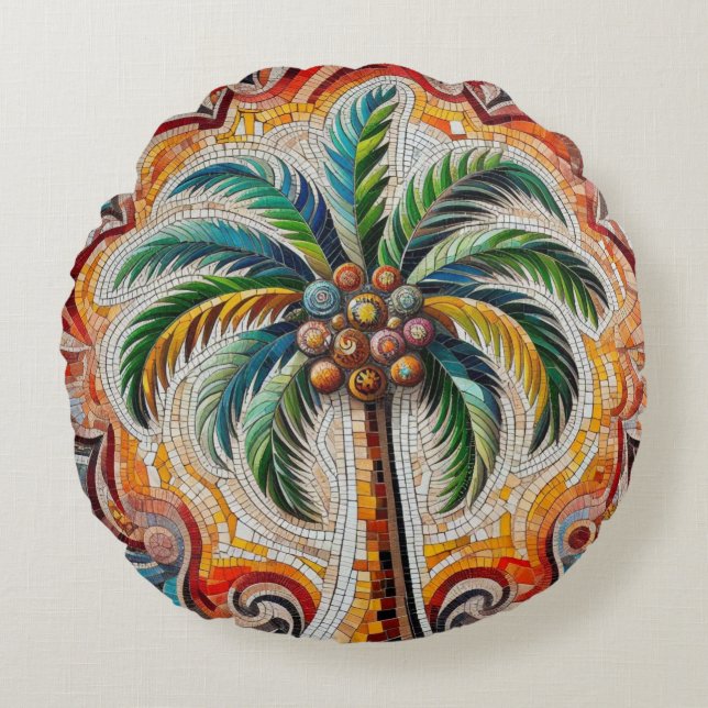 Mosaik Palm Tree Design Rundes Kissen (Vorderseite)