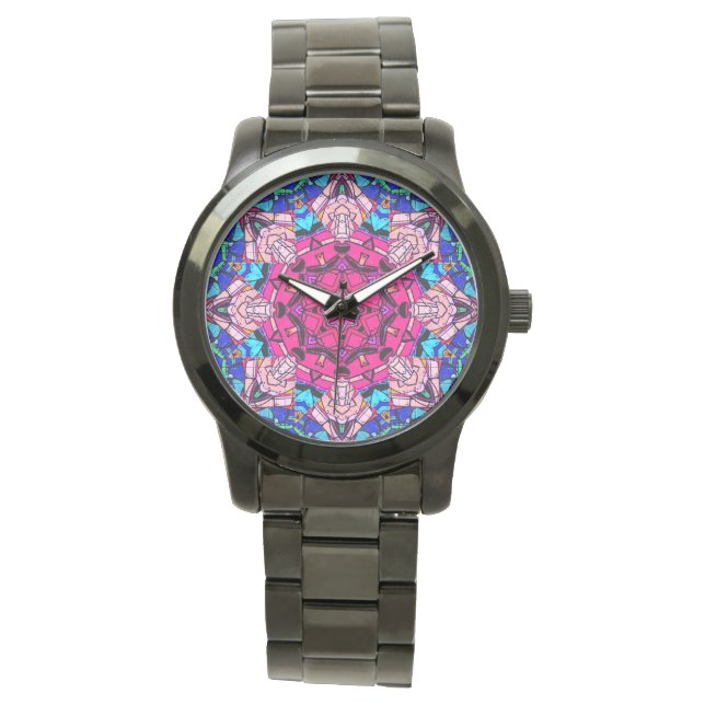 Mosaik Pink Mandala Floral Psychedelic Retro Armbanduhr (Vorderseite)