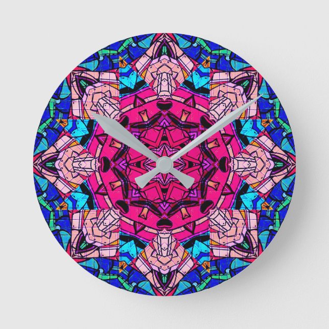 Mosaik Pink Mandala Floral Psychedelic Retro Runde Wanduhr (Vorderseite)