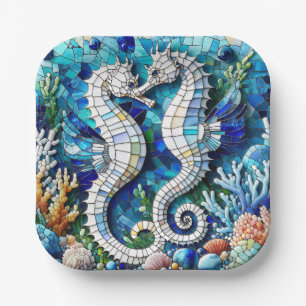 Mosaik-Seepferdchen Romantischer Strand Pappteller
