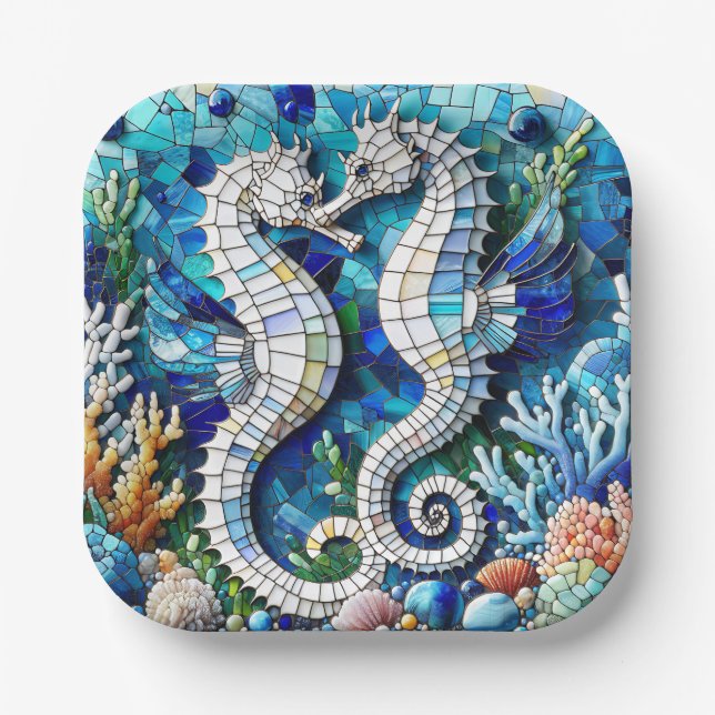 Mosaik-Seepferdchen Romantischer Strand  Pappteller (Vorderseite)