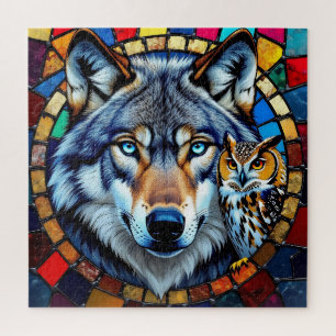 Mosaik-Stil Eule und Wolf Wildlife Lebendig Puzzle