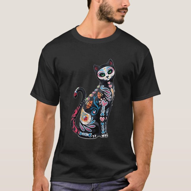 Mosaik Sugar Skull Cat Print T-Shirt (Vorderseite)