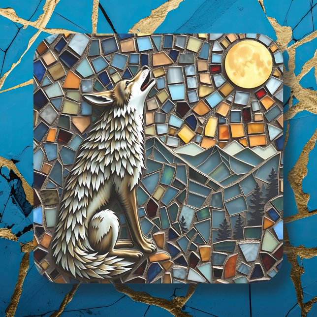Mosaik Tile Wolf Howling am Mond Quadratischer Aufkleber (Von Creator hochgeladen)