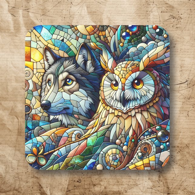 Mosaik Tile Wolf und Owl Quadratischer Aufkleber (Von Creator hochgeladen)