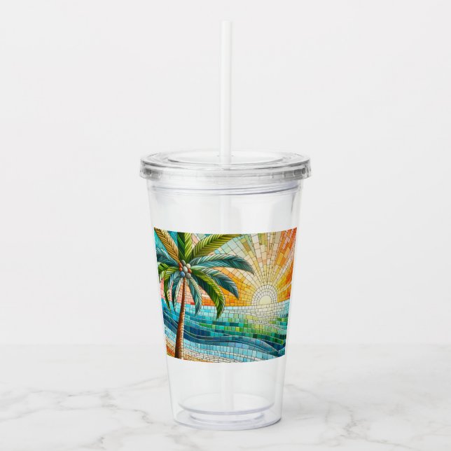 Mosaik Tropical Beach Sunset Palm Tree Acryltrinkbecher (Vorderseite)