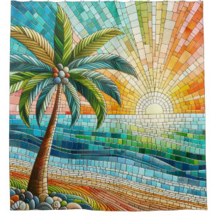 Mosaik Tropical Beach Sunset Palm Tree Duschvorhang