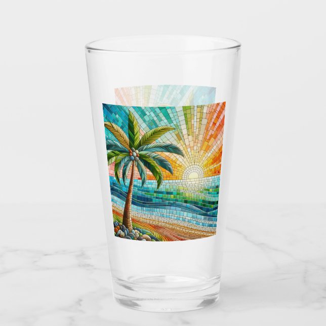 Mosaik Tropical Beach Sunset Palm Tree Glas (Vorderseite)