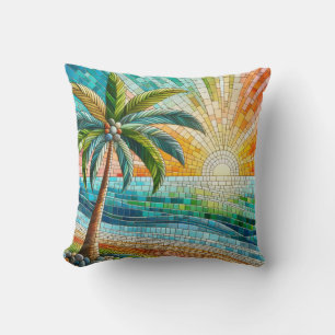 Mosaik Tropical Beach Sunset Palm Tree Kissen