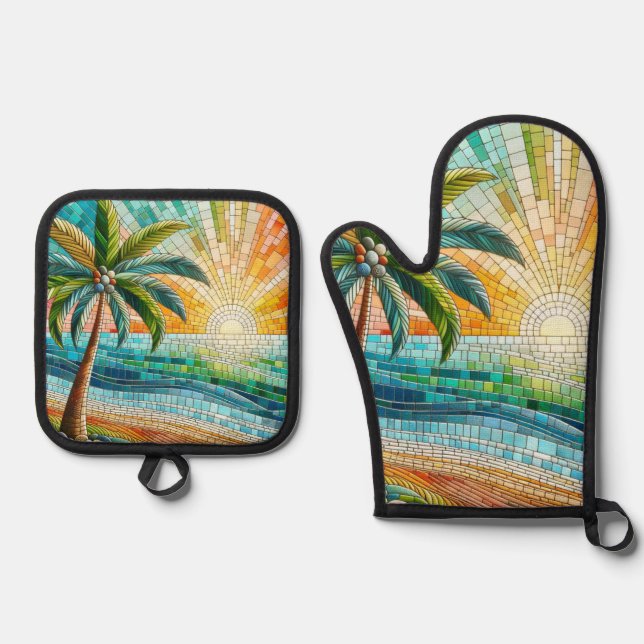 Mosaik Tropical Beach Sunset Palm Tree Ofenhandschuh & Topflappen-Set (Vorderseite)