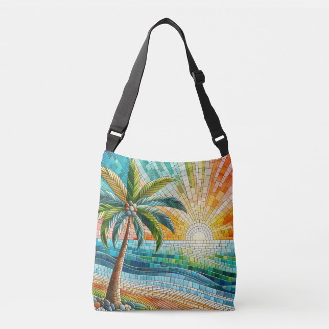 Mosaik Tropical Beach Sunset Palm Tree Tragetaschen Mit Langen Trägern (Vorderseite)