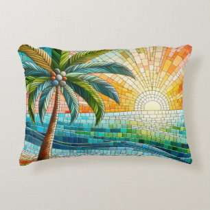 Mosaik-Tropischer-Strand-Sonnenuntergang-Palmenbau Dekokissen