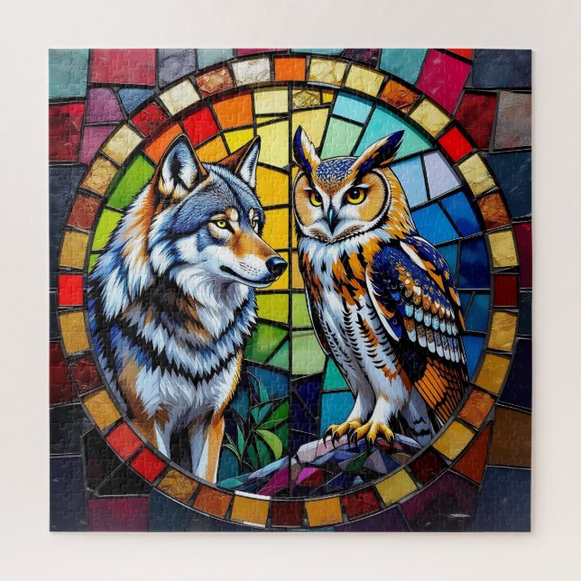 Mosaik Wolf und Eule Lebendige Kunst Puzzle (Vertikal)