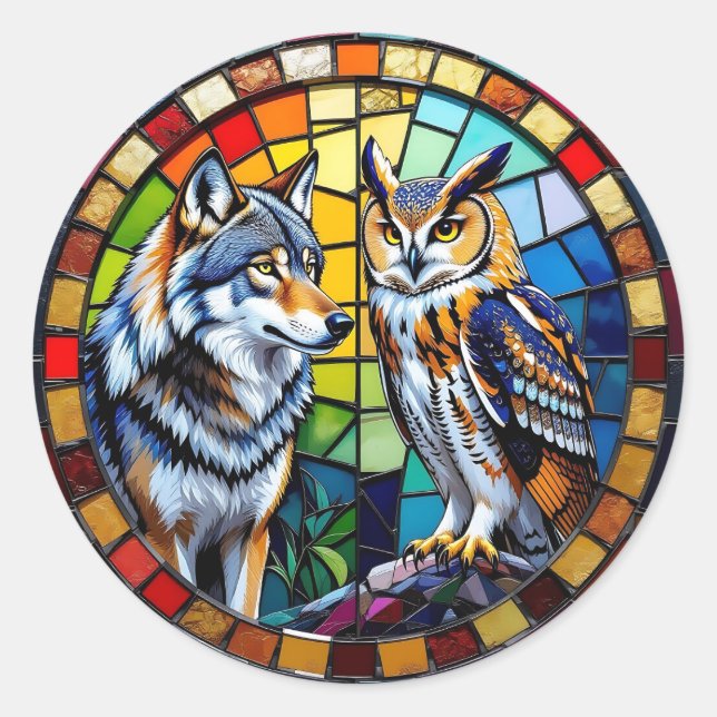 Mosaik Wolf und Eule Lebendige Kunst Runder Aufkleber (Vorderseite)