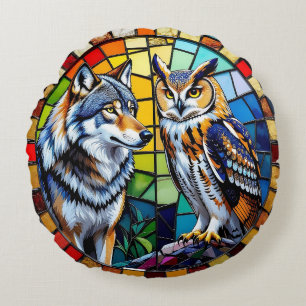 Mosaik Wolf und Eule Lebendige und farbenfrohe Tie Rundes Kissen