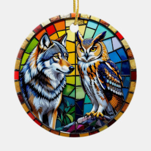 Mosaik-Wolf und Eule - Personalisierte Weihnachtsd Keramik Ornament