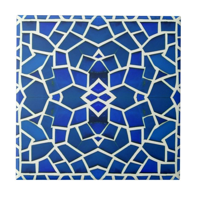Mosaikblau-weißes geometrisches Muster Fliese (Vorderseite)