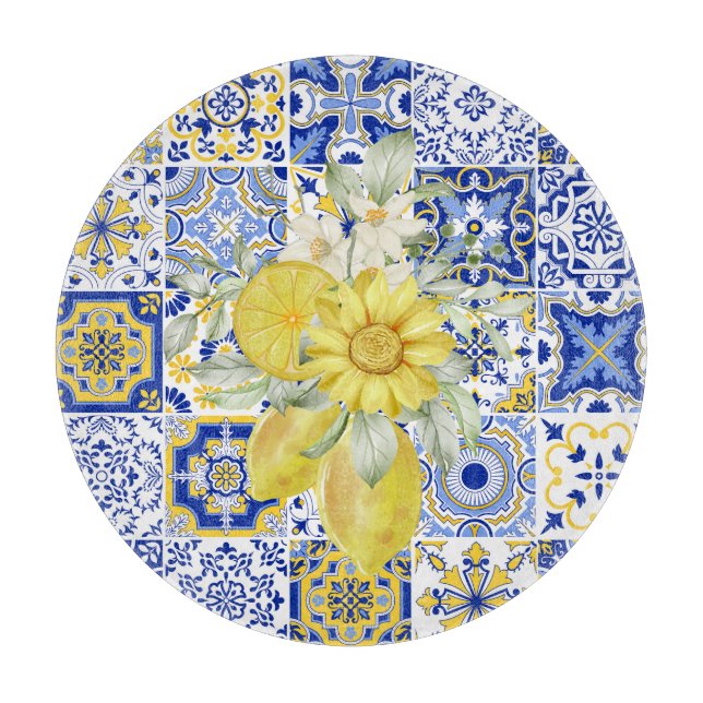 Mosaikblüten in Blau und Gelb Schneidebrett (Vorderseite)