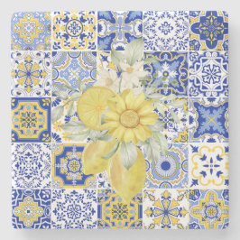 Mosaikblüten in Blau und Gelb Steinuntersetzer