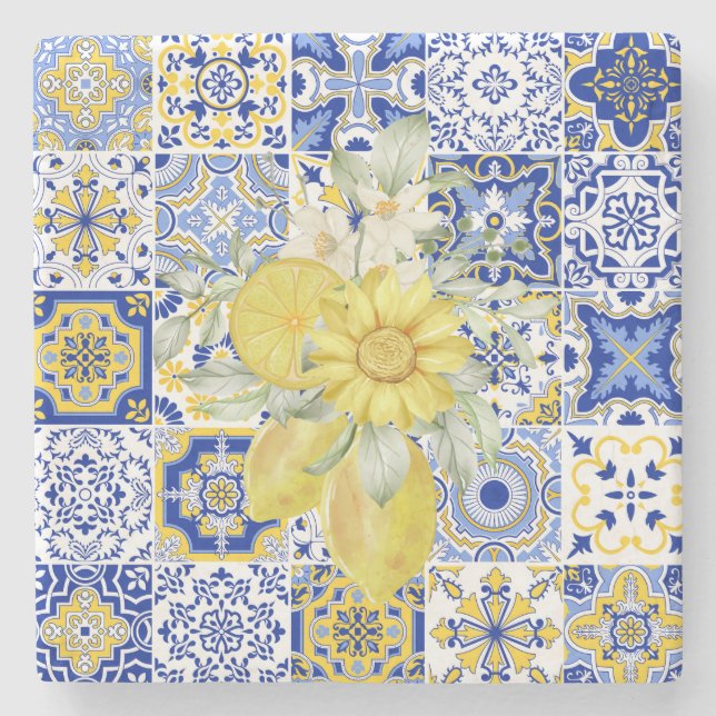 Mosaikblüten in Blau und Gelb Steinuntersetzer (Vorderseite)