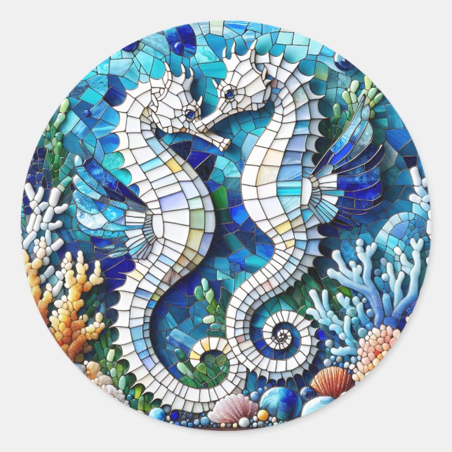 Mosaike Seepferde Romantischer Strand Runder Aufkleber (Vorderseite)